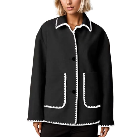Jackets for Women Color Block Long Sleeve Lapel Single Wool with Pocket Lightweight Jackets Black
