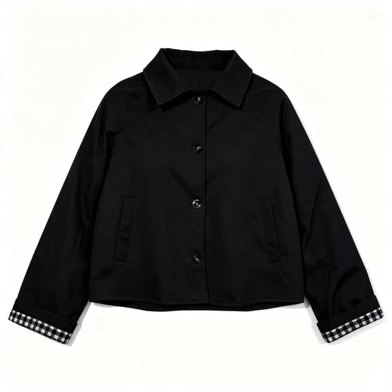 Jackets for Women Cropped Collared Button Jacket with Plaid Lined Short Trench Coat for Fall Black M