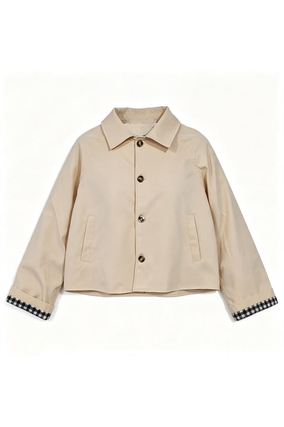 Jackets for Women Cropped Collared Button Jacket with Plaid Lined Short Trench Coat for Fall Khaki S