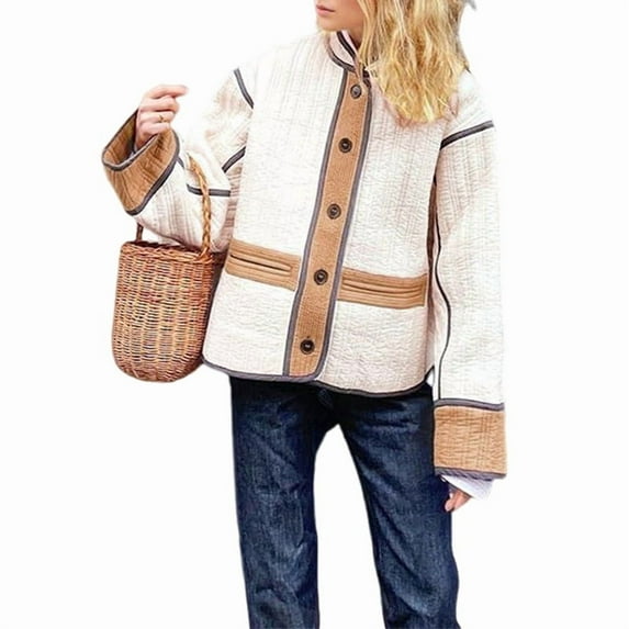 Jackets for Women Cropped Light-Weight Quilted Puffer Long Sleeves Jacket Colorblock Coat Biker Jacket Apricot Color L