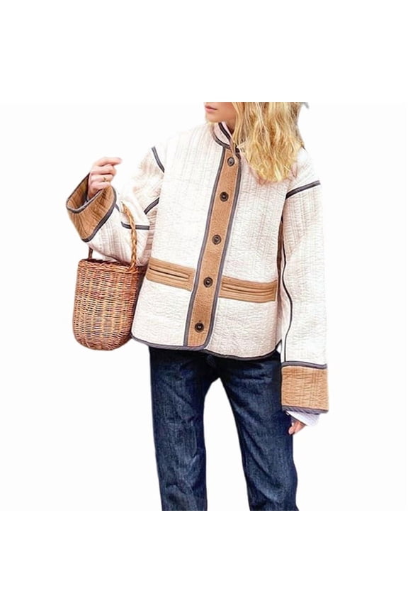 Jackets for Women Cropped Light-Weight Quilted Puffer Long Sleeves Jacket Colorblock Coat Biker Jacket Apricot Color XL
