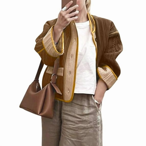 Jackets for Women Cropped Light-Weight Quilted Puffer Long Sleeves Jacket Colorblock Coat Biker Jacket Brown M