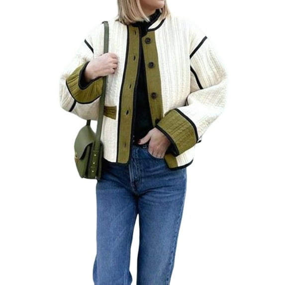 Jackets for Women Cropped Light-Weight Quilted Puffer Long Sleeves Jacket Colorblock Coat Biker Jacket Green XL