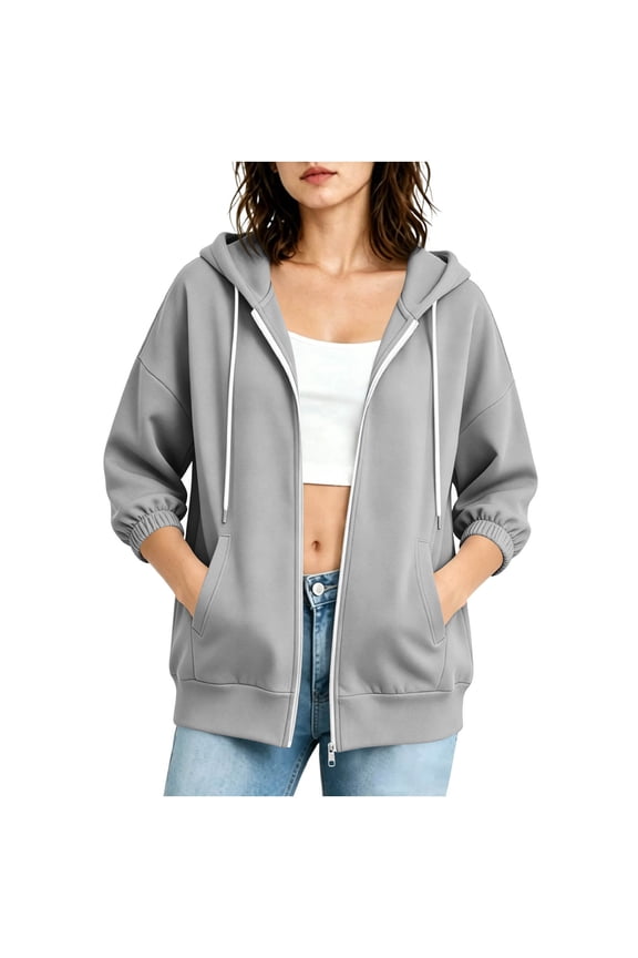 Jackets for Women Cropped Sleeve Zipper Drawstring 3/4 Sleeve Elastic Cuff Jacket