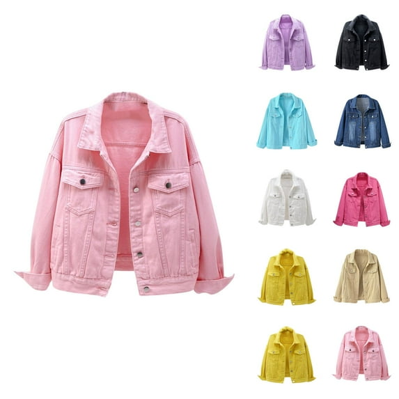 Jackets for Women Fall Jacket Women's Fashion Casual Colorful Solid Denim Coat - Large Pocket Short Jacket, Autumn Winter Outerwear