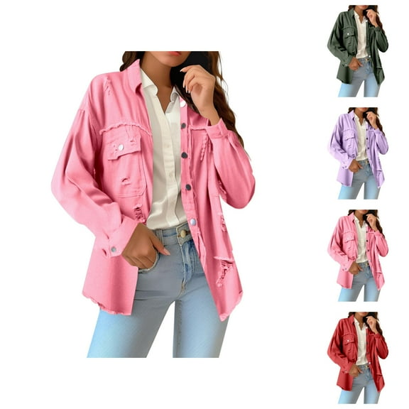 Jackets for Women Fall Jacket Women's Pure Color Loose Denim Jacket - With Sleeves Distressed Details, Solid Color Autumn Winter Outerwear