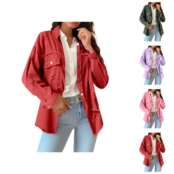 Jackets for Women Fall Jacket Women's Pure Color Loose Denim Jacket - With Sleeves Distressed Details, Solid Color Autumn Winter Outerwear