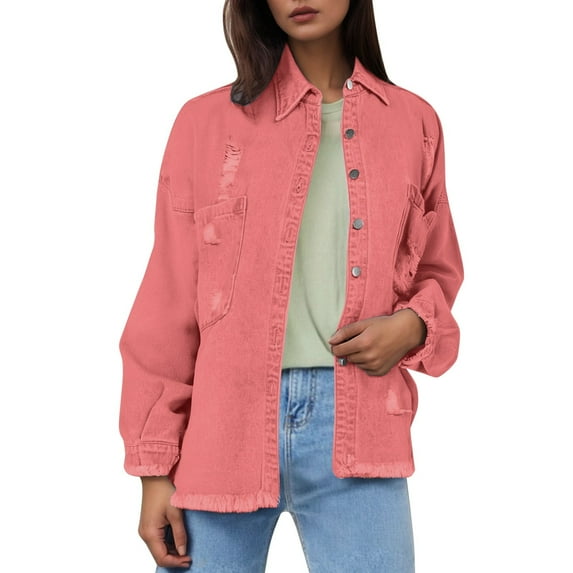 Jackets for Women Fall Jacket Women's Solid Color Distressed Washed Fringe Denim Jacket