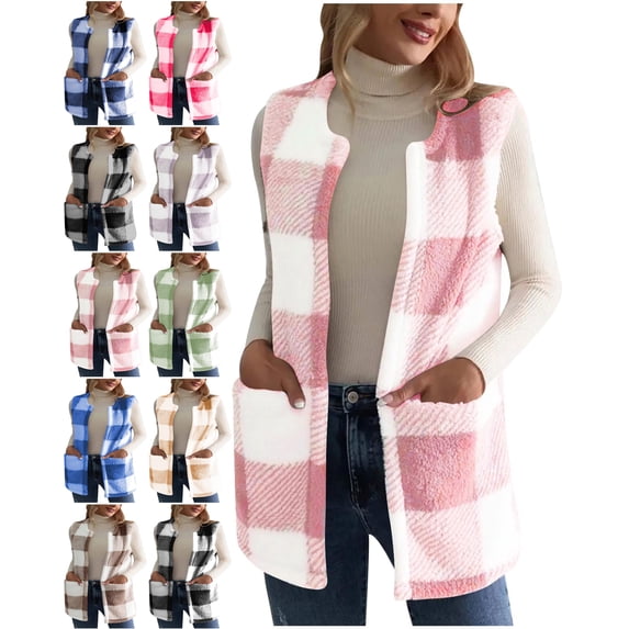 Women's Vest Thick Plaid Fleece Double-Sided Crew Neck Open Front with Pockets for Fall & Winter