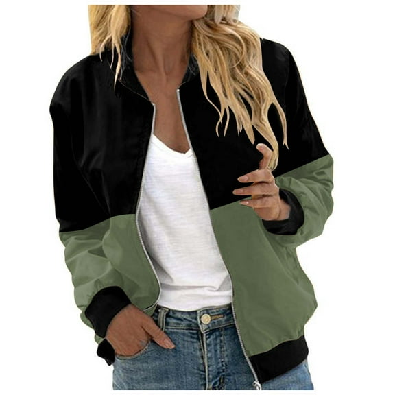 Jackets for Women Fashion Patchwork Bomber Long Sleeve Zipper Windbreaker Outwear Jacket