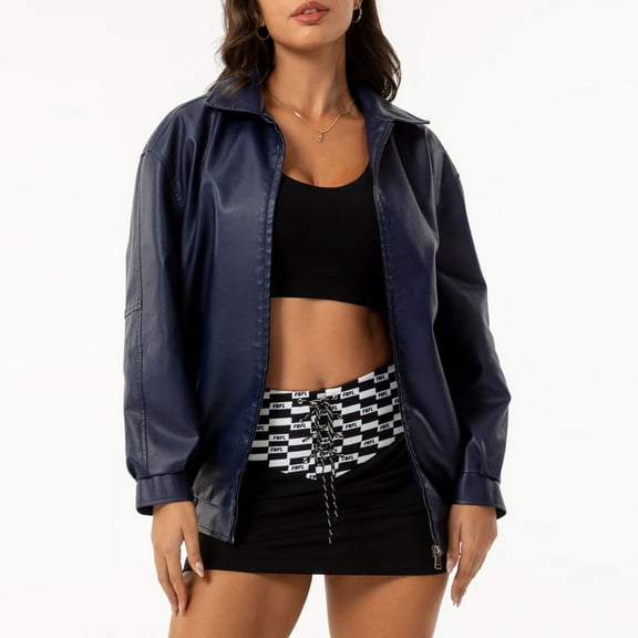 Jackets for Women Fashion Solid Color Long Sleeved Turndown Collar Outwear Coat Zipper HoodedLess Pocket Leather Jacket