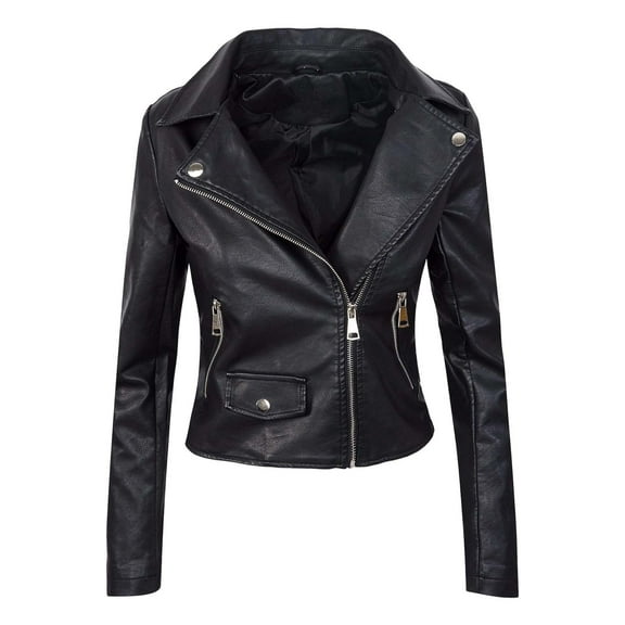 Jackets for Women Faux Leather Zip Up Slim Cropped Jacket Long Sleeve Lapel PU Moto Biker Short Light Weight Jacket