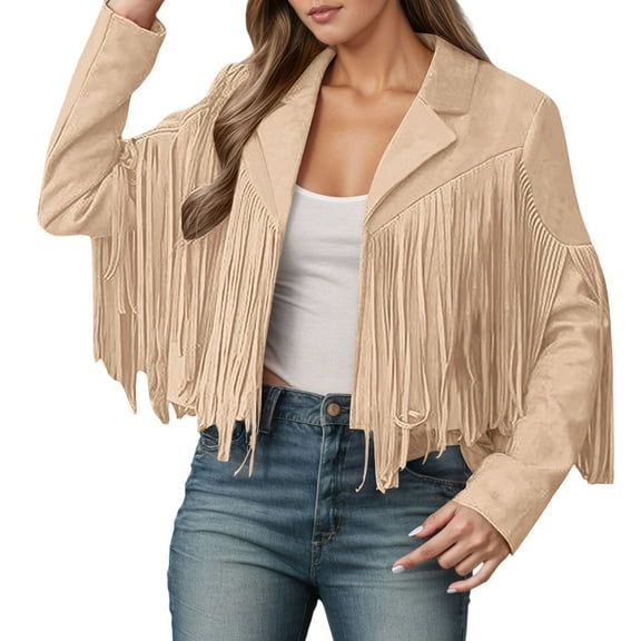 Jackets for Women Suede Leather Fringe Long Sleeve Cropped Jacket 2025 Casual Trendy Cowgirl Motorcycle Denim Jacket Z002-Beige L