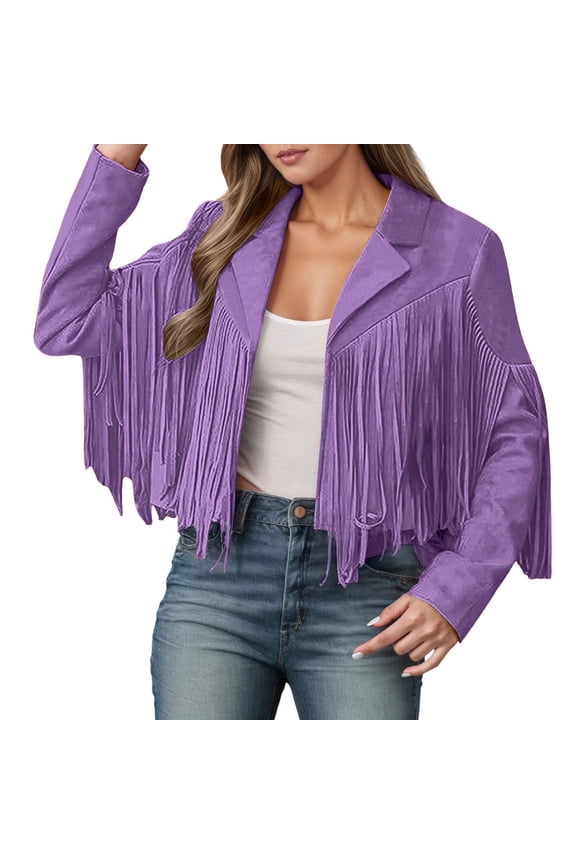 Jackets for Women Suede Leather Fringe Long Sleeve Cropped Jacket 2025 Casual Trendy Cowgirl Motorcycle Denim Jacket Z002-Light Purple XL