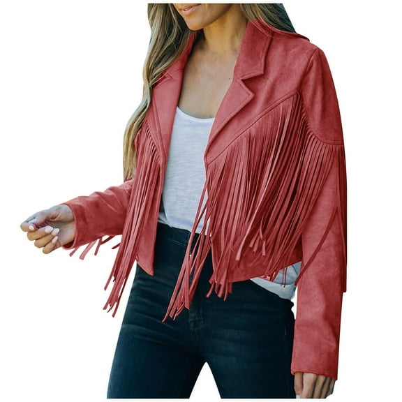 Jackets for Women Suede Leather Fringe Long Sleeve Cropped Jacket 2025 Casual Trendy Cowgirl Motorcycle Denim Jacket Z003-Orange M