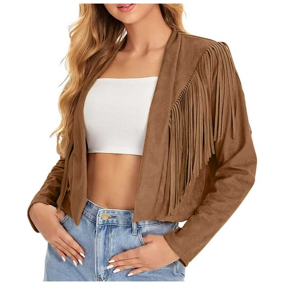 Jackets for Women Suede Leather Tassel Motorcycle Cardigan Solid Vintage Boho Cropped Fringe Clothing