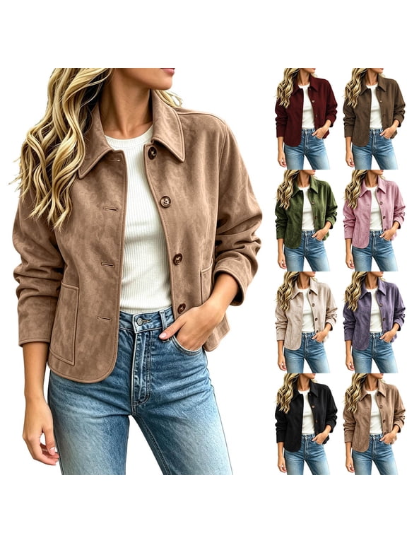 Jackets for Women Fitted Long Sleeve Jacket with Pockets Buttons Suede Casual Short Coat