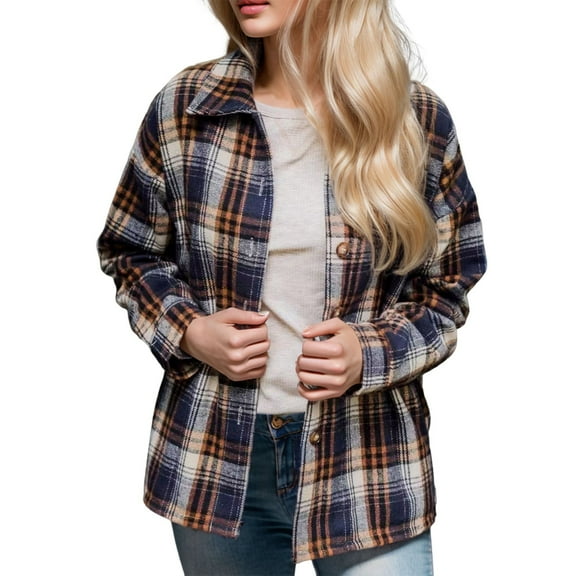 Jackets for Women Flannel Plaid Shacket Long Sleeve Button Down Shirts Vintage Casual Light Weight Jacket