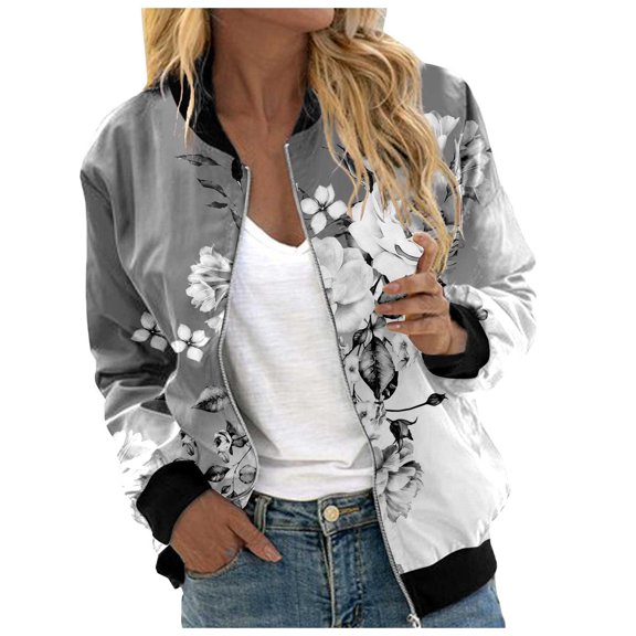 Jackets for Women Floral Block Windbreaker Fashion Long Sleeve Zipper Bomber Outwear Jacket