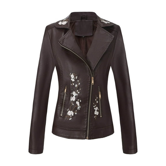 Jackets for Women Floral Embroidery Faux Leather Punk Moto Biker Zip Up Lapel Slim Light Weight Jacket