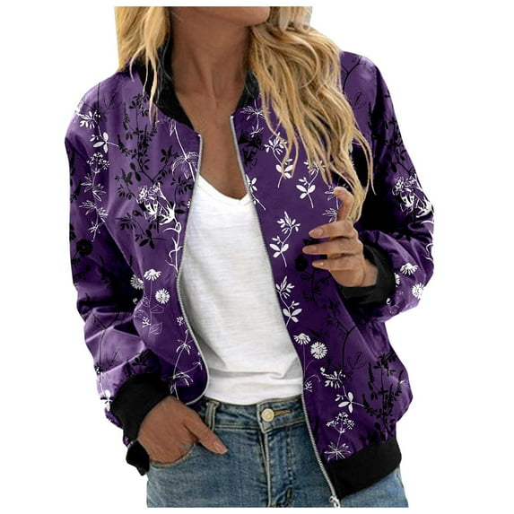 Jackets for Women Floral Print Bomber Vintage Long Sleeve Zipper Baseball Windbreaker Winter Clothes
