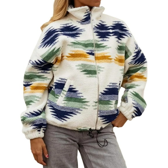 Jackets for Women Fuzzy Fleece Zip Up Jacket Fall Winter Oversized Long Sleeve Floral Print Casual Warm Coats Green L