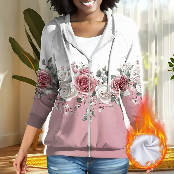 Jackets for Women Hooded Pocket Zipper Print Long Sleeve Sweatshirt Coat Outerwear,Plus Size Jackets for Women