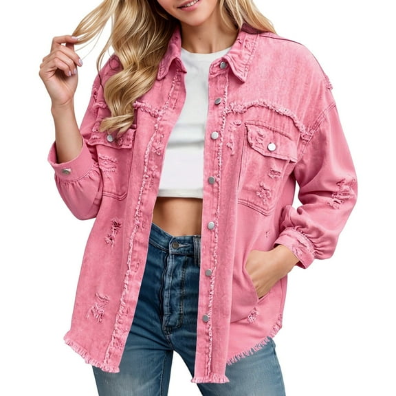 Jackets for Women Jackets for Women Trendy Women's Denim Jacket Distressed Oversized Boyfriend Style Mid Long Casual Coat With Ripped Details