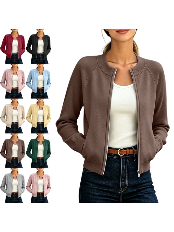 Jackets for Women Lightweight Crew Neck Cropped Long Sleeve Zip-up Jacket