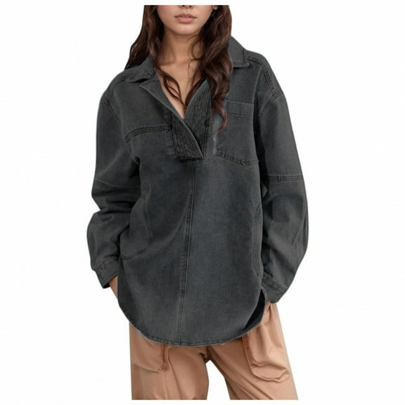 Jackets for Women Lightweight Jacket Women Women's Denim Pullover Casual Button V Neck Blouse Loose Fit Long Sleeve Jean Jacket With Pocket