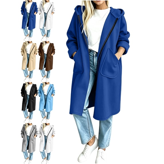 Jackets for Women Long Length Hooded Long Sleeve Pocket Zip-up Jacket