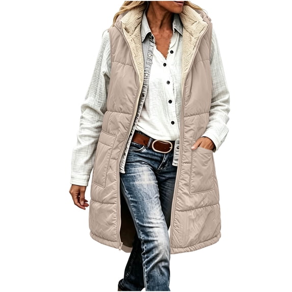 Jackets for Women, Long Puffer Vest Women Fleece Sherpa Jacket Sleeveless Hooded Coats