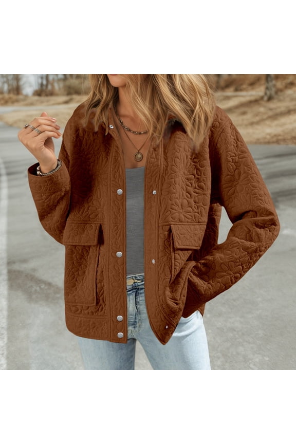 Jackets for Women Long Sleeve Collared Jacquard Shacket Jacket with Pockets (Brown L)