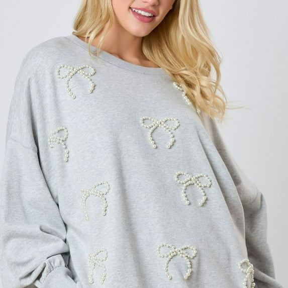Jackets for Women Long Sleeved Hoodie Bow Pearl Print Casual Loose Round Neck Sweatshirt,Womens Sweatshirts Gray S