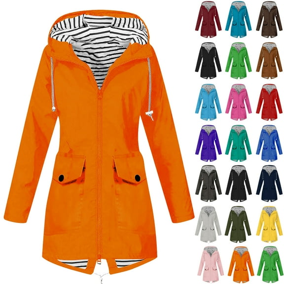 Jackets for Women Ndbuld Women Solid Color Rain Jacket Outdoor Hooded Windproof Loose With Pocket Coat Orange XXXL