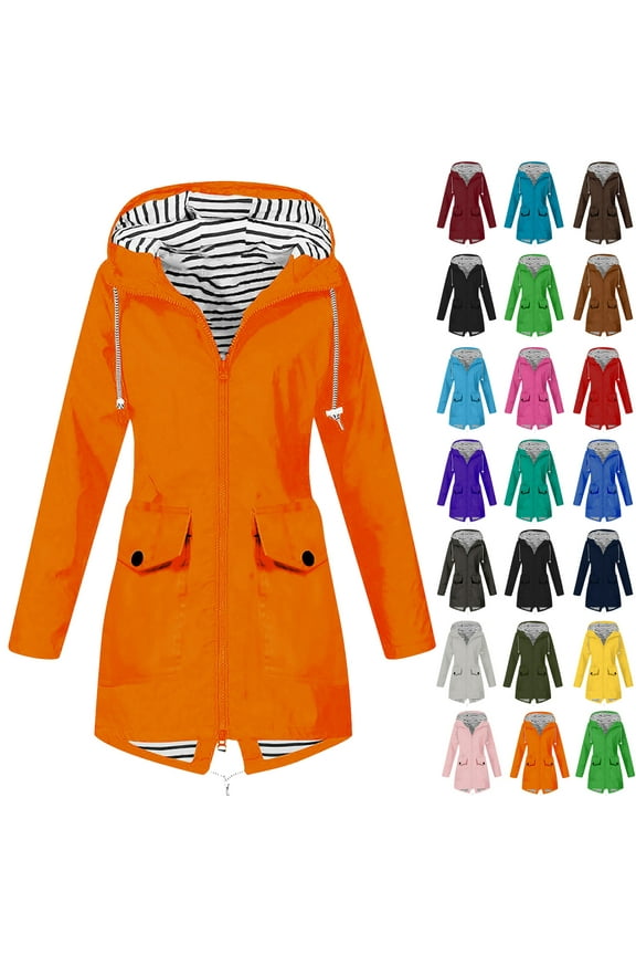 Jackets for Women Ndbuld Women Solid Color Rain Jacket Outdoor Hooded Windproof Loose With Pocket Coat Orange XXXL