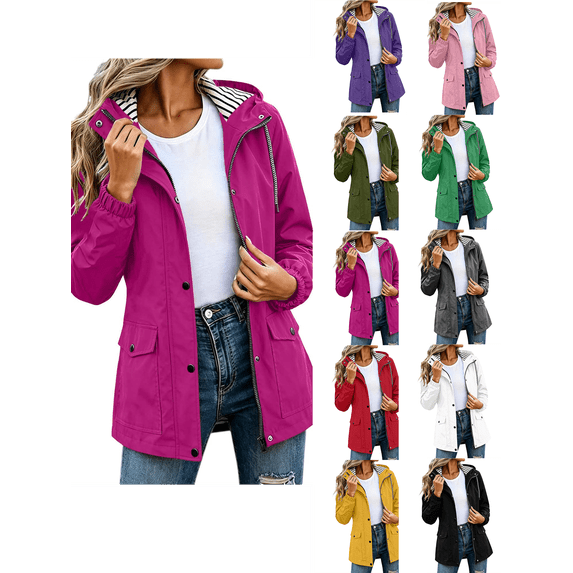 Jackets for Women Nelozsy Women solid color waterproof outdoor hiking drawstring long sleeved double pocket hooded windbreaker jacket top Hot Pink M