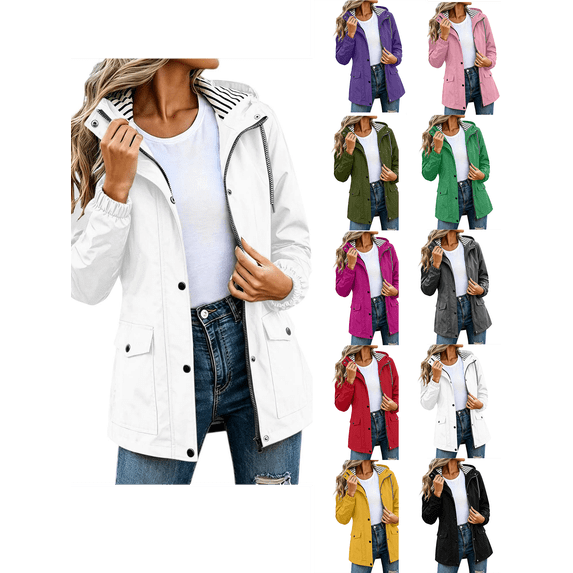 Jackets for Women Nelozsy Women solid color waterproof outdoor hiking drawstring long sleeved double pocket hooded windbreaker jacket top White M