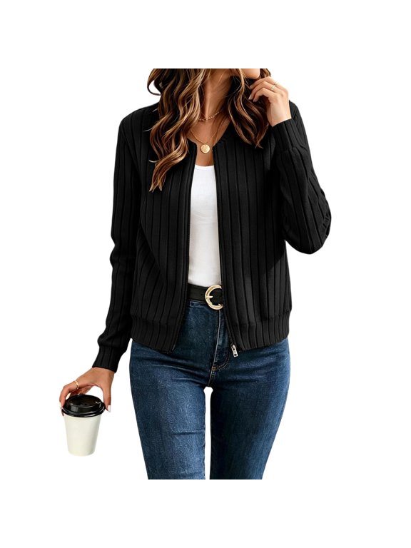 Jackets for Women No Hood Vertical Rib Knit Cardigan Jacket Zip Up Long Sleeve Jackets Casual Knit Coat with Full Front Zipper, S