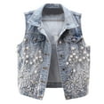 thumbnail image 1 of Jackets for Women Pearls Ripped Denim Cropped Vest Sleeveless Button Down Jeans Short Waistcoats 2025 Winter Outfits, 1 of 7