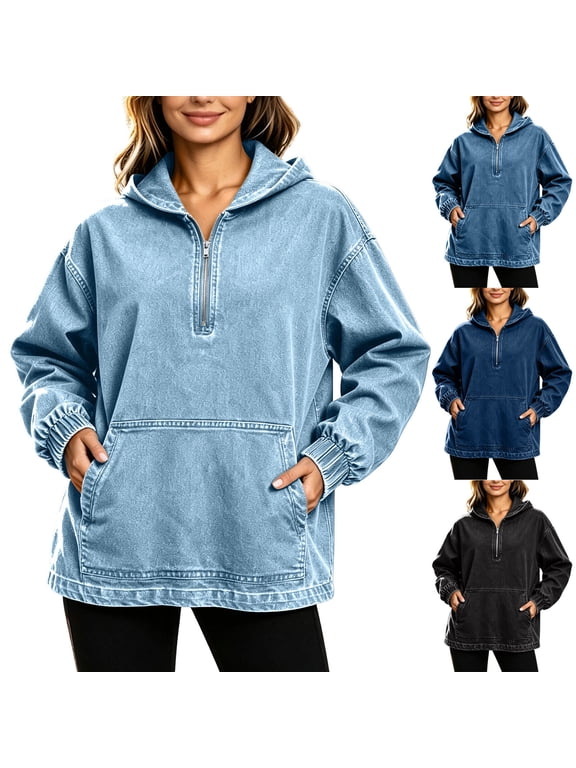 Jackets for Women Quarter Zip Hooded Denim Jacket Long Sleeve Oversized Loose Fit with Pockets
