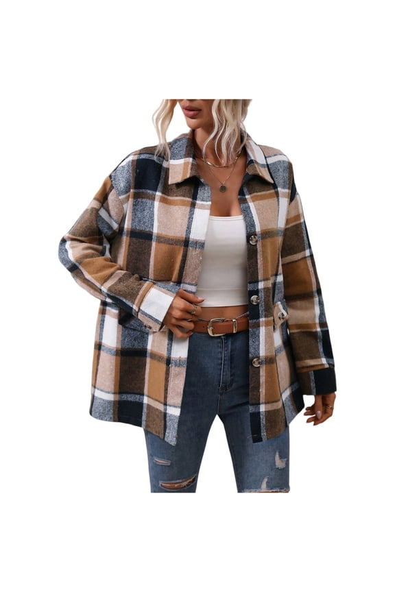 Jackets for Women Shacket Flannel Plaid Button Down Long Sleeve Fashion Jacket Fall Outfits Clothes 2025Coffee S