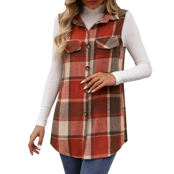 Jackets for Women Sleeveless Plaid Wool Vest Button Down Lapel Blazer Light Weight Jacket