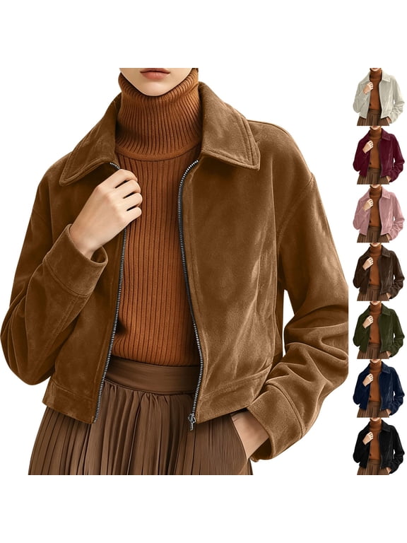 Jackets for Women Solid Color Long Sleeve Lapel Zipper Suede Casual Short Jacket with Lining