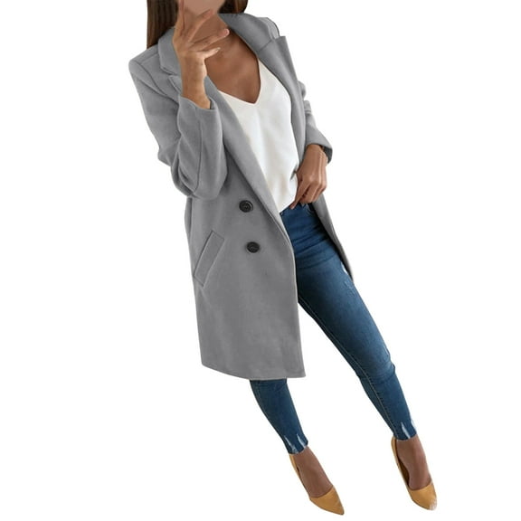 Jackets for Women Solid Double Wool Blend Coat Elegant Long Sleeve Lapel Midi-Long Light Weight Jacket