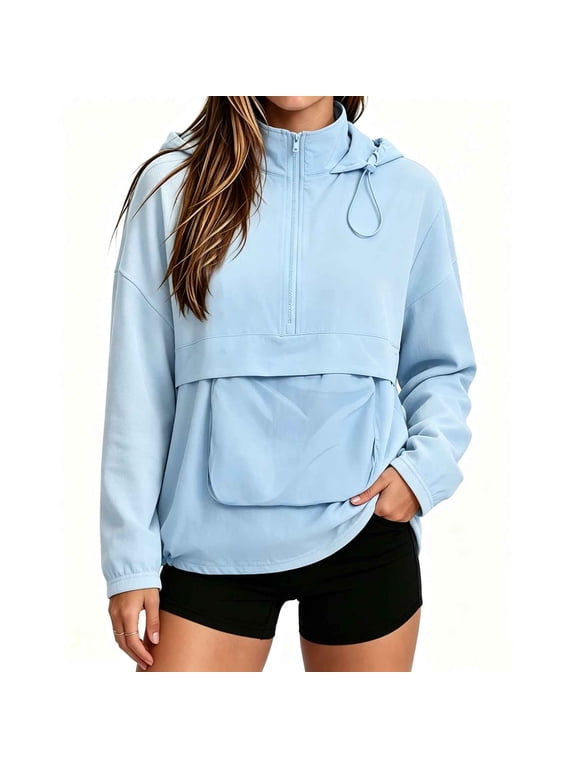 Jackets for Women Solid Half Zip Hooded Anorak Jacket Long Sleeve Oversized Pullover Windbreaker with Big Kangaroo Pocket Drawstring Hem Casual Top