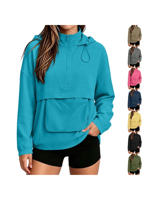 Jackets for Women Solid Half Zip Hooded Anorak Jacket Long Sleeve Oversized Pullover Windbreaker with Big Kangaroo Pocket Drawstring Hem Casual Top