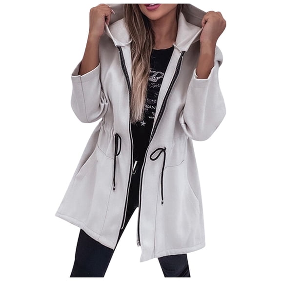 Jackets for Women Solid Zipper Hooded Windbreaker Fashion Drawstring Slim Mid-Long Light Weight Jacket