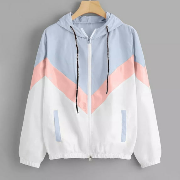 Jackets for Women Spring cardigans for women short sleeve Long-sleeved Pocket Color-block Elastic Waist Hooded Jacket