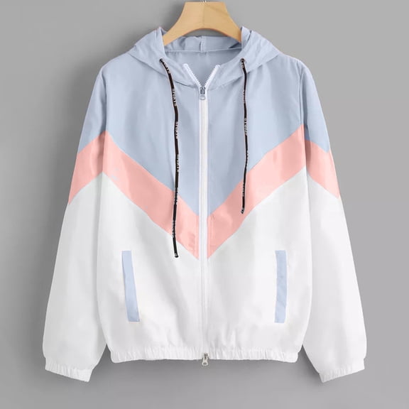 Jackets for Women Spring cardigans for women short sleeve Long-sleeved Pocket Color-block Elastic Waist Hooded Jacket